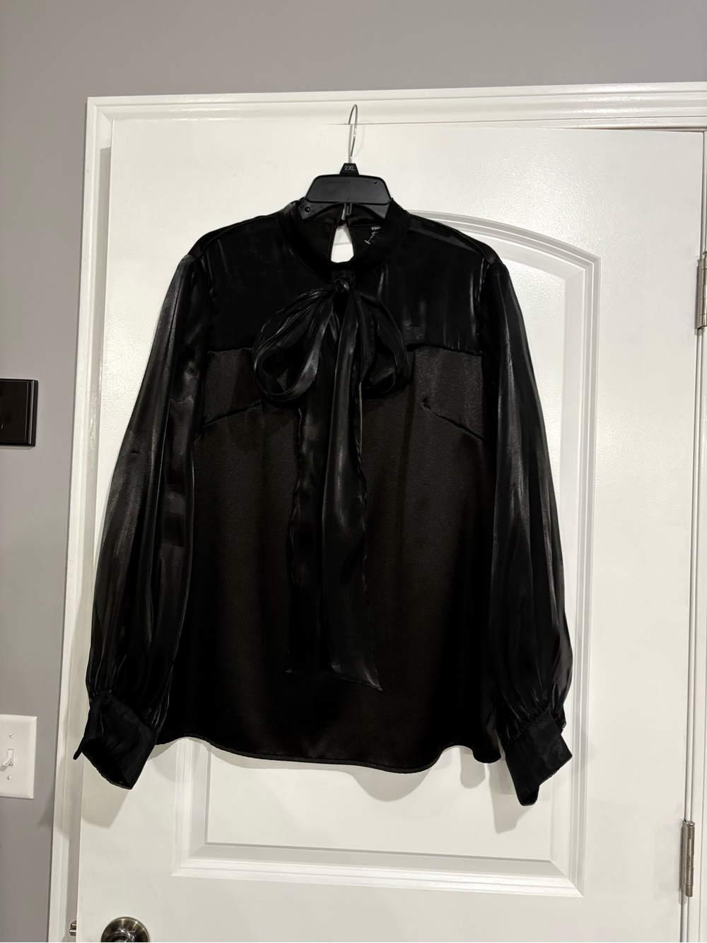 SHEIN Black Satin Tie-Neck Long Sleeve Blouse